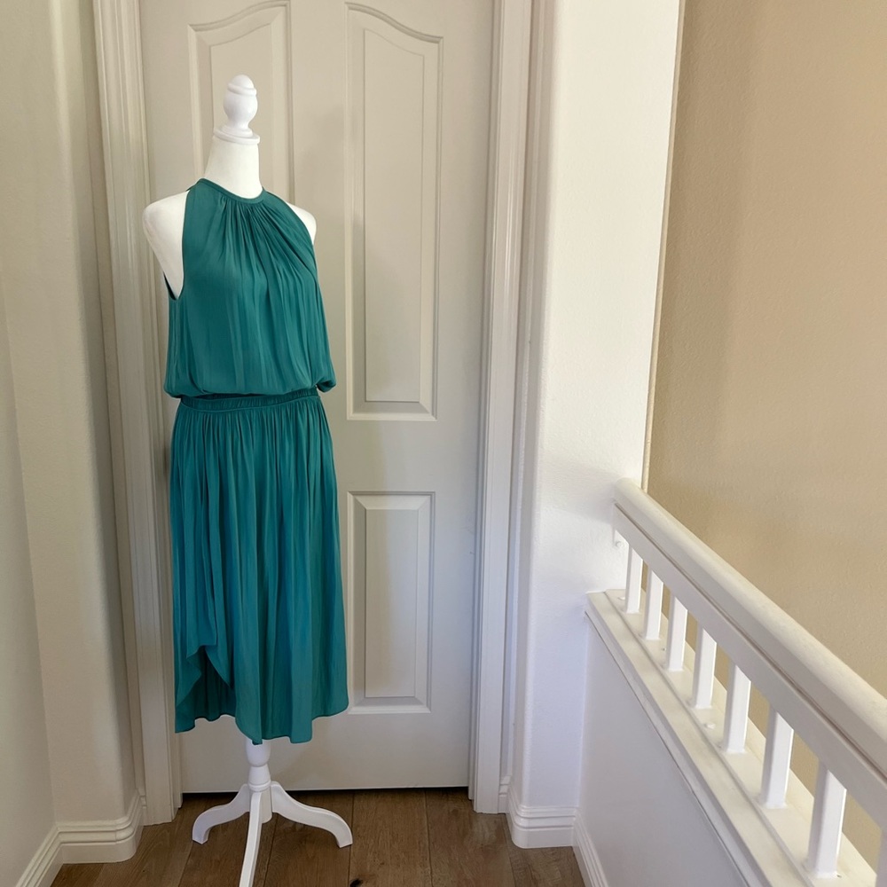 Ramy Brook Teal Halter Pleated Midi Dress